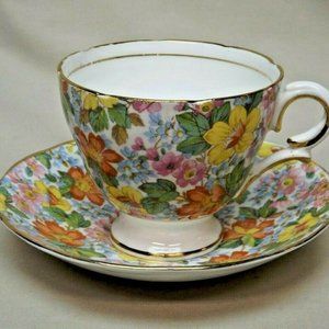 Salisbury Fine Bone China England Floral Footed Tea Cup and Saucer Pat. #1956A